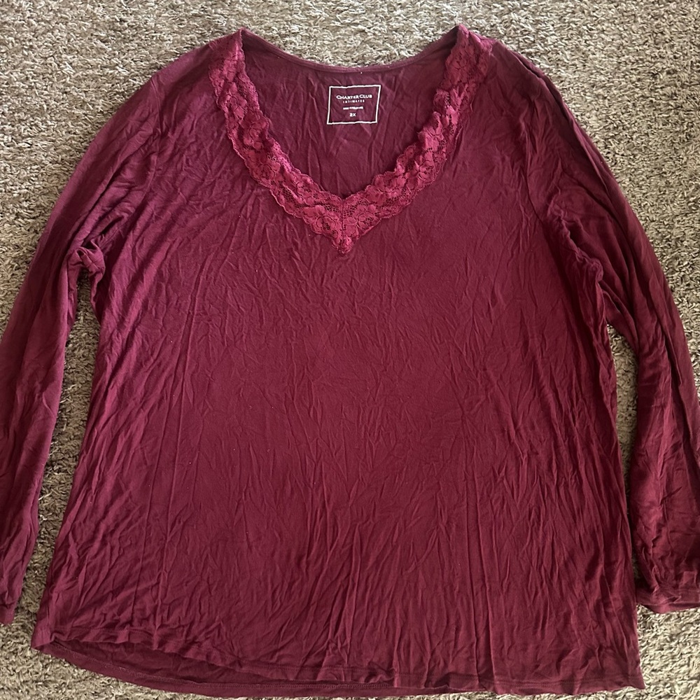 Charter Club Burgundy Lace-Trim V-Neck Long-Sleeve Top
